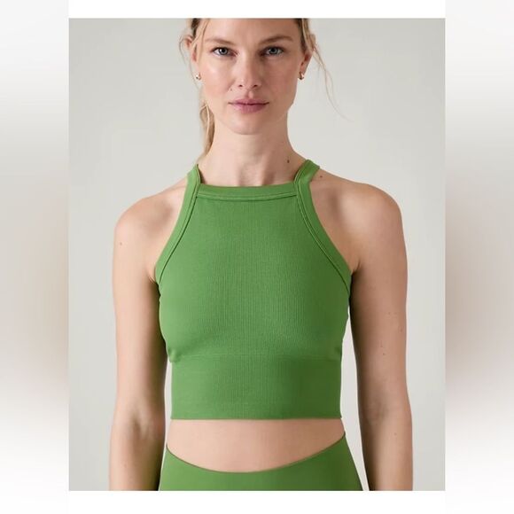 NWT New ATHLETA Aurora High Neck V Back Ribbed Crop Tank Baja Green S - Picture 1 of 7